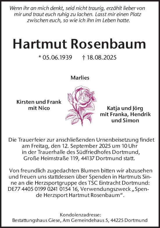 Traueranzeige von Hartmut Rosenbaum von Ruhr Nachrichten