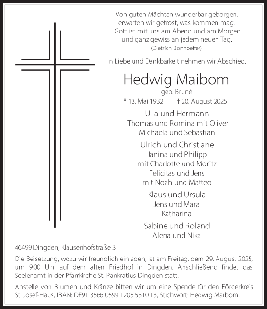 Traueranzeige von Hedwig Maibom 