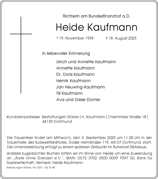 Traueranzeige von Heide Kaufmann von Ruhr Nachrichten