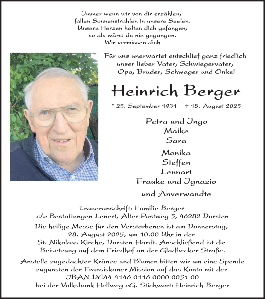  Traueranzeige für Heinrich Berger vom 23.08.2025 aus Ruhr Nachrichten und Dorstener Zeitung