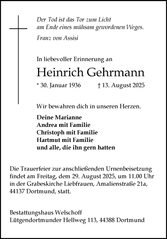 Traueranzeige von Heinrich Gehrmann von Ruhr Nachrichten