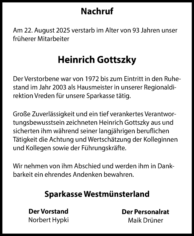  Traueranzeige für Heinrich Gottszky vom 30.08.2025 aus Münsterland Zeitung