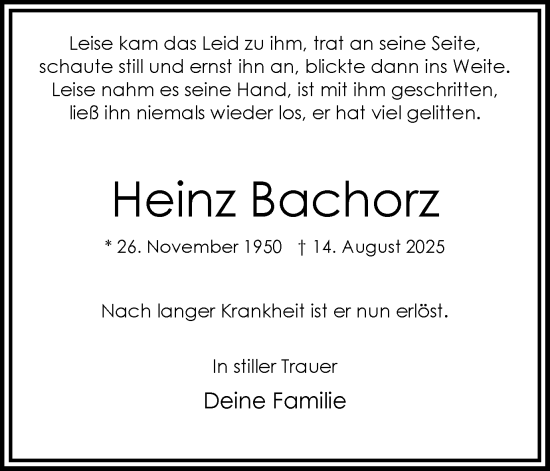 Traueranzeige von Heinz Bachorz von Ruhr Nachrichten