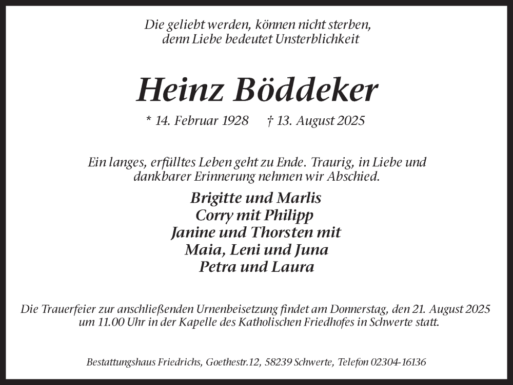  Traueranzeige für Heinz Böddeker vom 15.08.2025 aus Ruhr Nachrichten