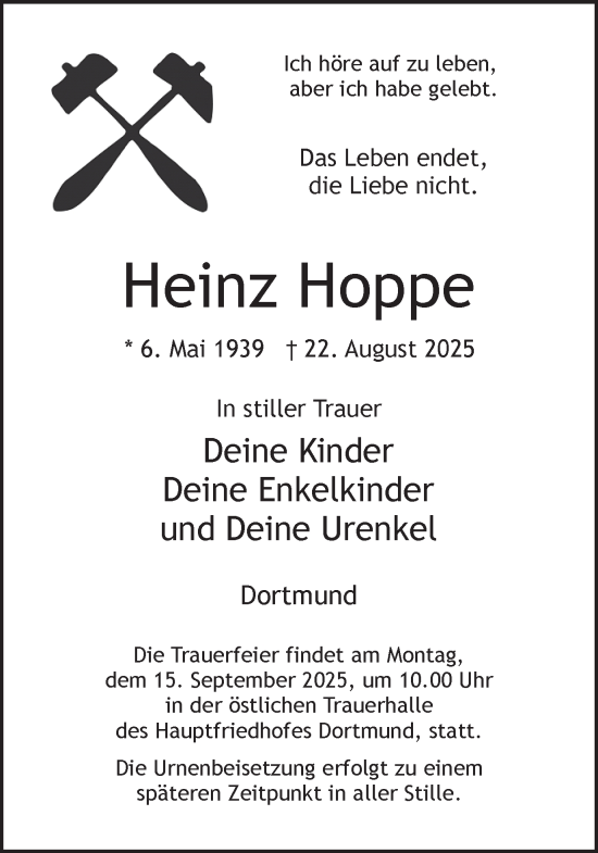 Traueranzeige von Heinz Hoppe von Ruhr Nachrichten