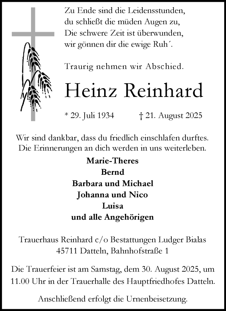  Traueranzeige für Heinz Reinhard vom 27.08.2025 aus Trauer Vest