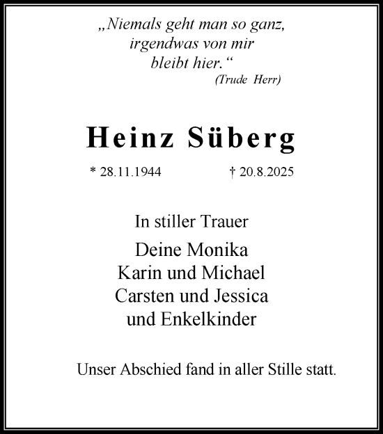 Traueranzeige von Heinz Süberg von Stadtanzeiger Castrop-Rauxel