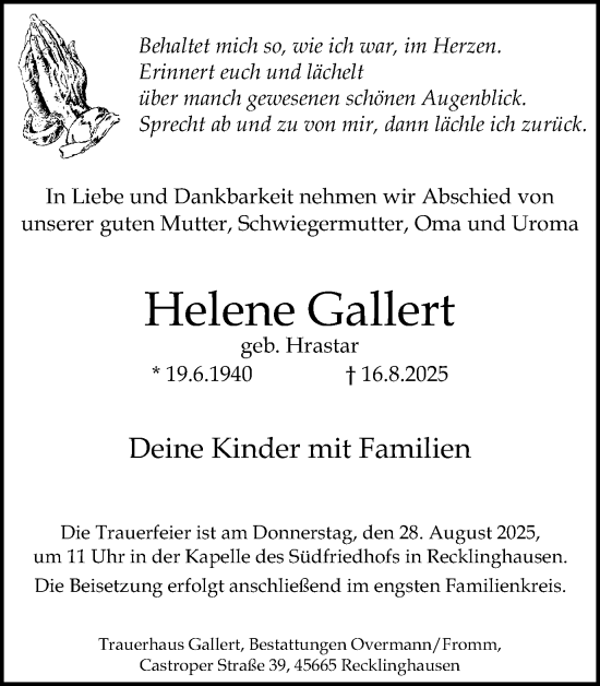 Traueranzeige von Helene Gallert von Trauer Vest