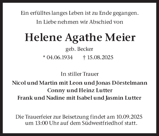 Traueranzeige von Helene Agathe Meier von Ruhr Nachrichten