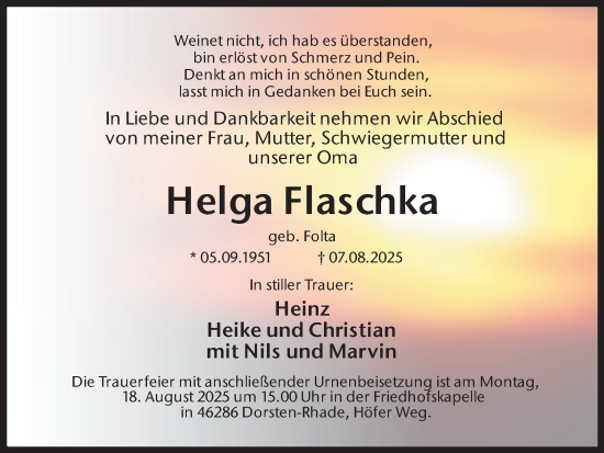 Traueranzeige von Helga Flaschka von Ruhr Nachrichten und Dorstener Zeitung