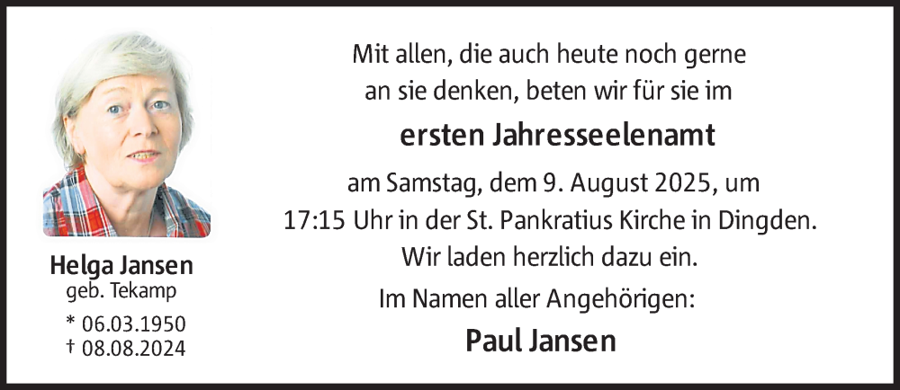  Traueranzeige für Helga Jansen vom 07.08.2025 aus 