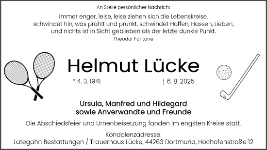 Traueranzeige von Helmut Lücke von Ruhr Nachrichten