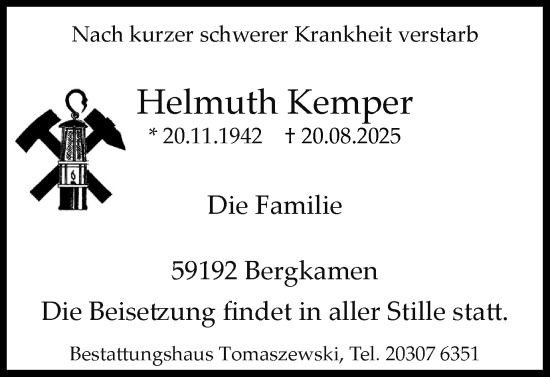 Traueranzeige von Helmuth Kemper von Hellweger Anzeiger