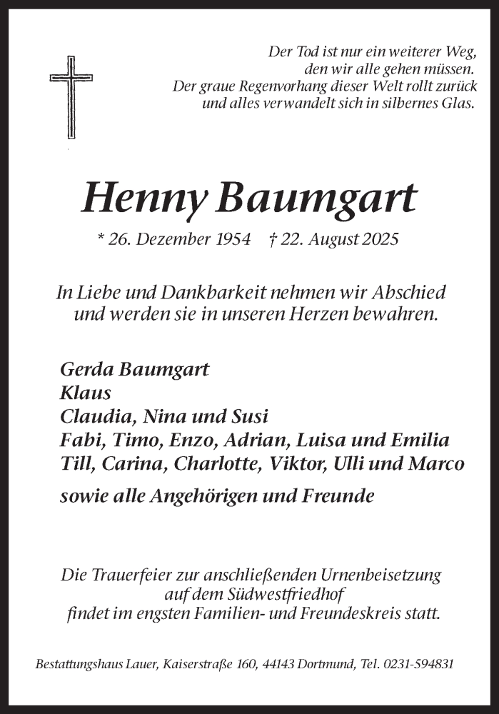  Traueranzeige für Henny Baumgart vom 30.08.2025 aus Ruhr Nachrichten