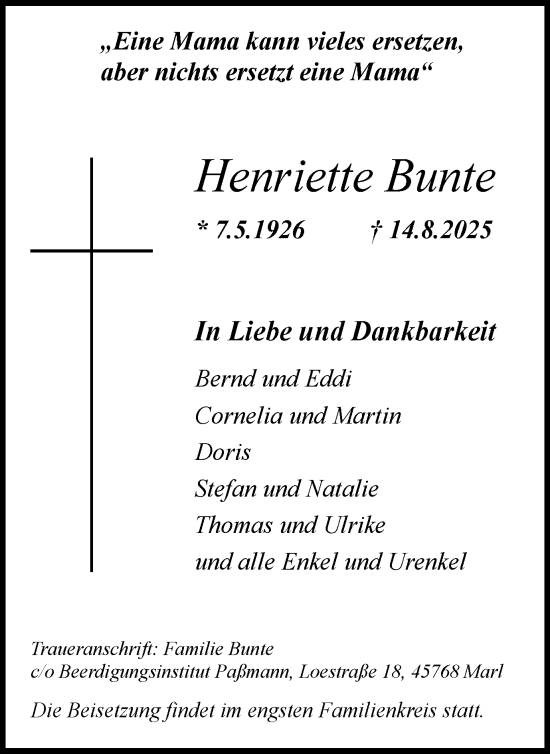 Traueranzeige von Henriette Bunte von Trauer Vest