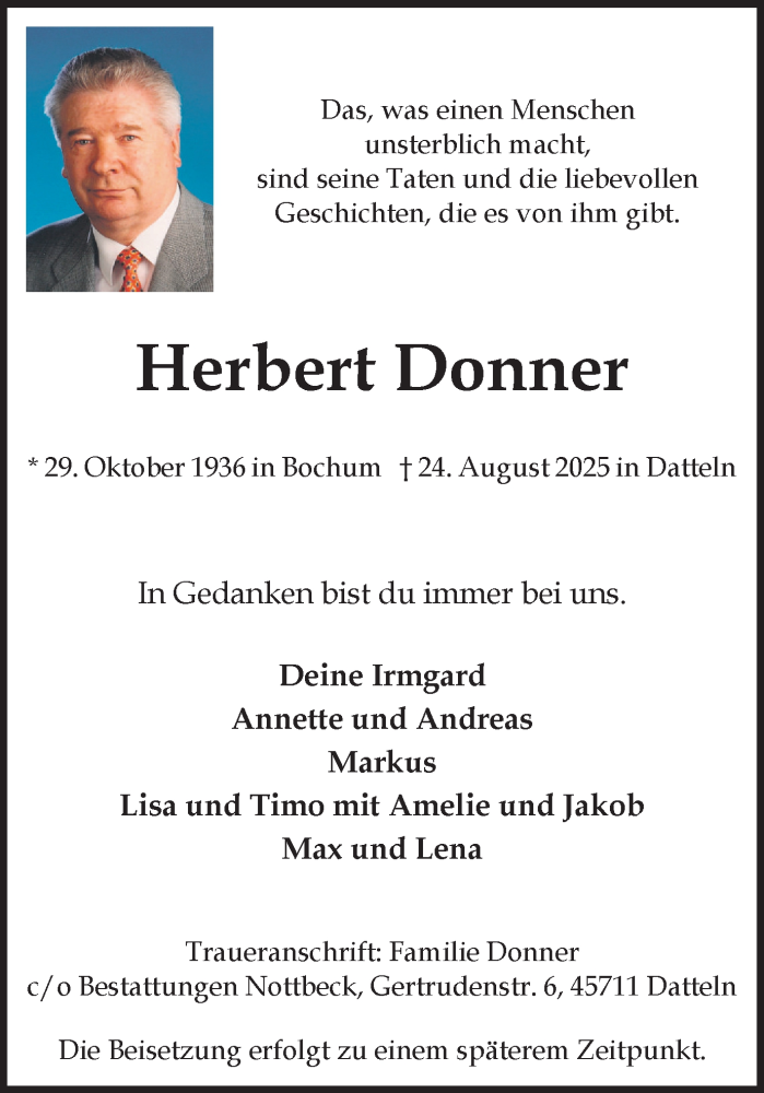 Traueranzeige für Herbert Donner vom 30.08.2025 aus Trauer Vest