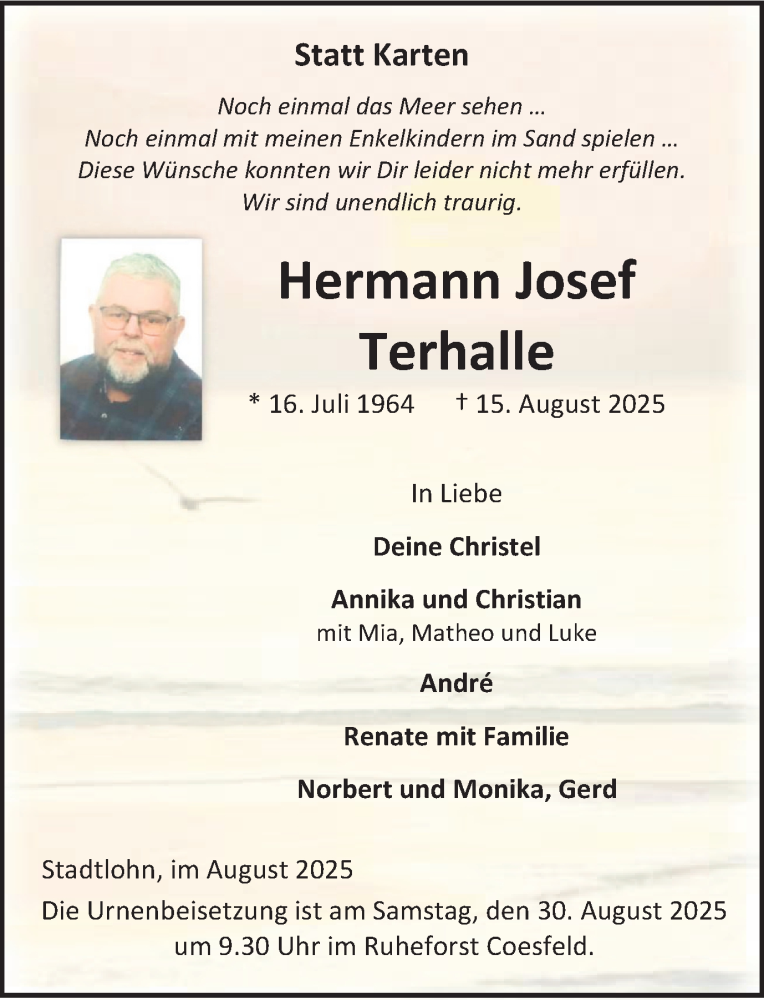  Traueranzeige für Hermann Josef Terhalle vom 23.08.2025 aus Münsterland Zeitung
