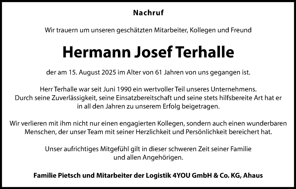  Traueranzeige für Hermann Josef Terhalle vom 29.08.2025 aus Münsterland Zeitung