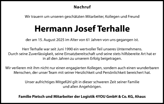 Traueranzeige von Hermann Josef Terhalle von Münsterland Zeitung