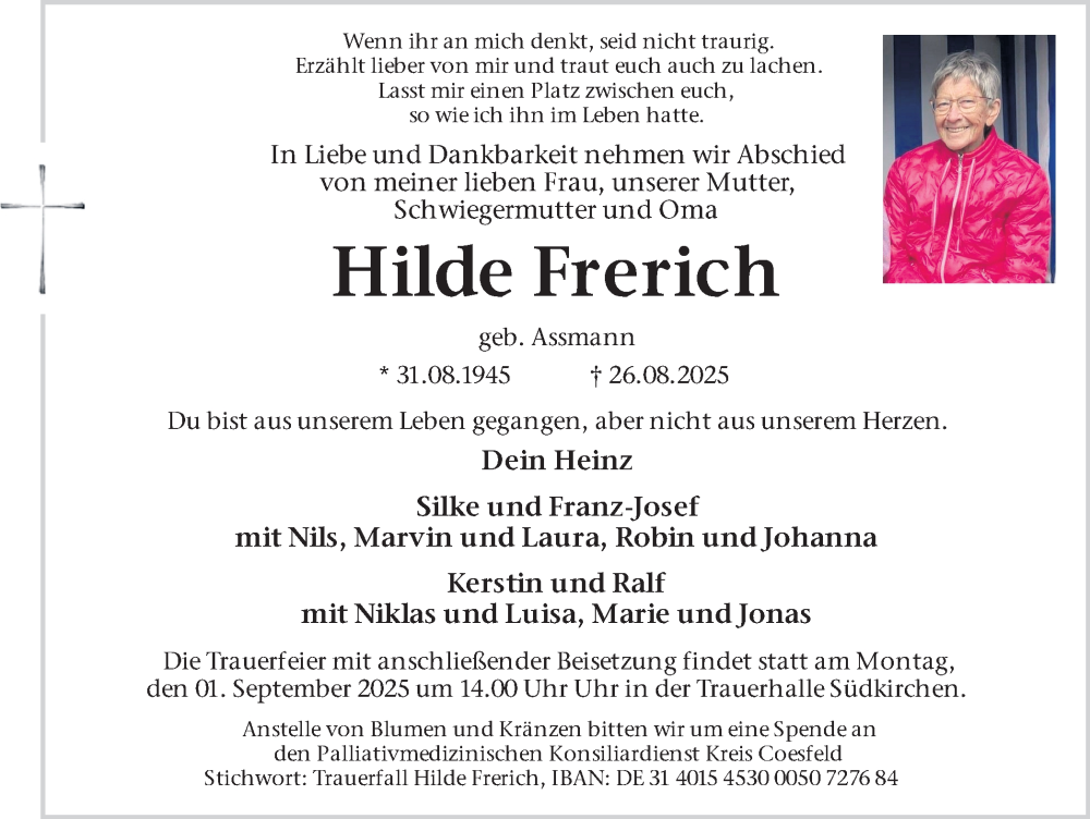  Traueranzeige für Hilde Frerich vom 29.08.2025 aus Ruhr Nachrichten