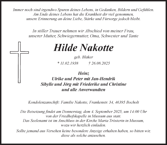 Traueranzeige von Hilde Nakotte 