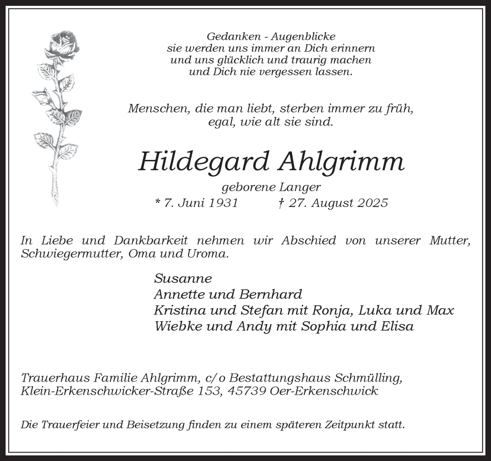  Traueranzeige für Hildegard Ahlgrimm vom 30.08.2025 aus Trauer Vest