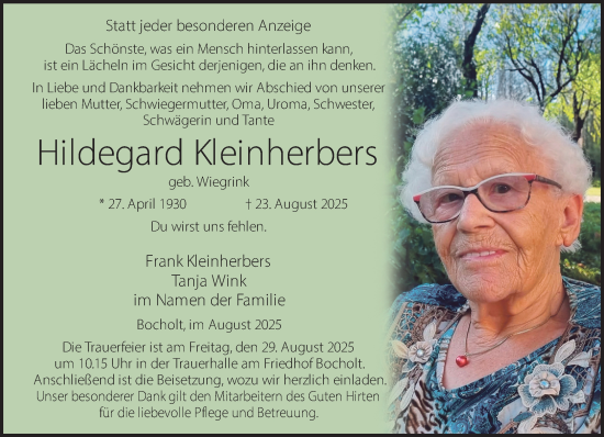 Traueranzeige von Hildegard Kleinherbers 