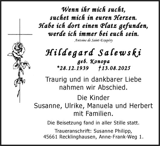 Traueranzeige von Hildegard Salewski von Trauer Vest