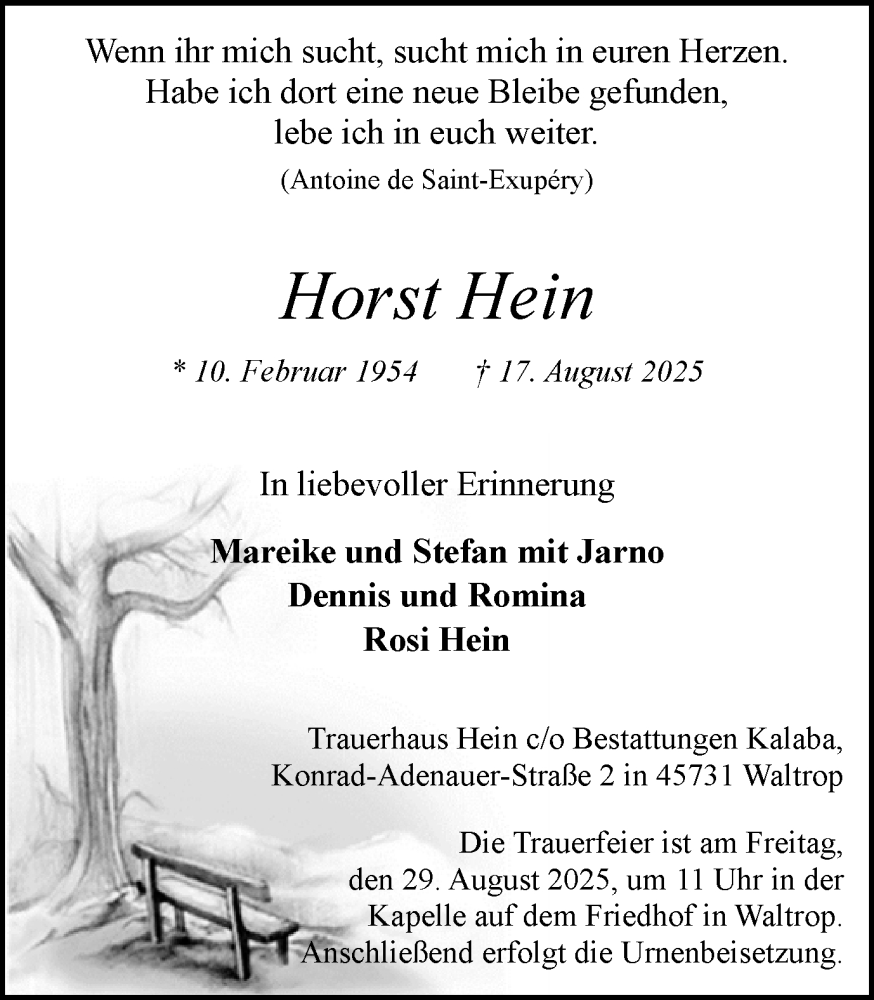  Traueranzeige für Horst Hein vom 23.08.2025 aus Trauer Vest