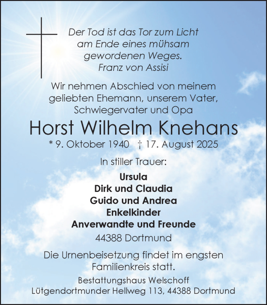 Traueranzeige von Horst Wilhelm Knehans von Ruhr Nachrichten