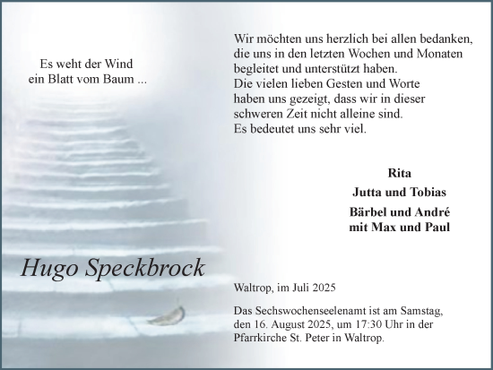 Traueranzeige von Hugo Speckbrock von Trauer Vest