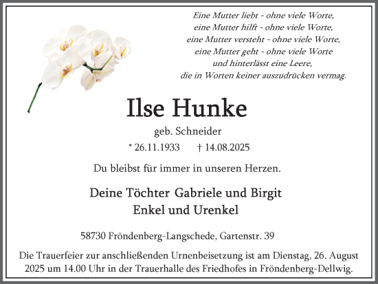 Traueranzeige von Ilse Hunke von Hellweger Anzeiger