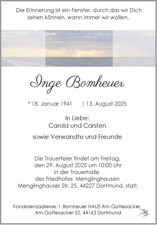 Traueranzeige von Inge Bomheuer von Ruhr Nachrichten