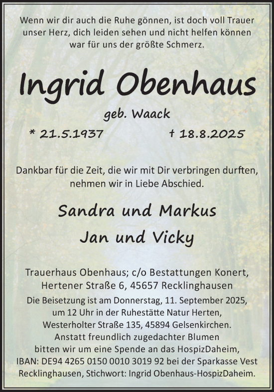 Traueranzeige von Ingrid Obenhaus von Trauer Vest