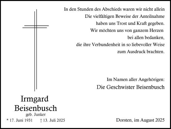 Traueranzeige von Irmgard Beisenbusch von Ruhr Nachrichten und Dorstener Zeitung