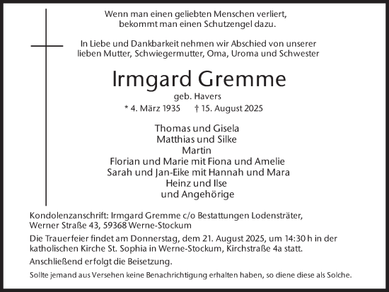 Traueranzeige von Irmgard Gremme von Ruhr Nachrichten