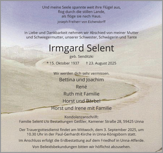 Traueranzeige von Irmgard Selent von Hellweger Anzeiger