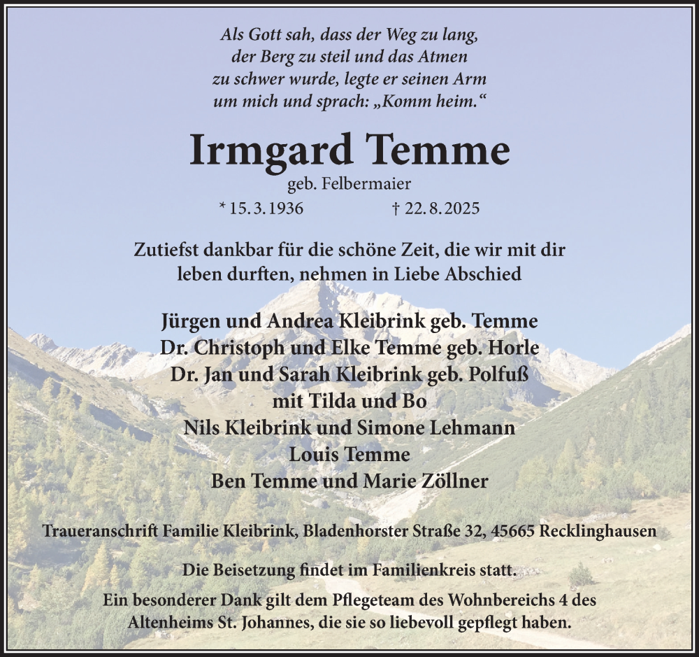  Traueranzeige für Irmgard Temme vom 30.08.2025 aus Trauer Vest