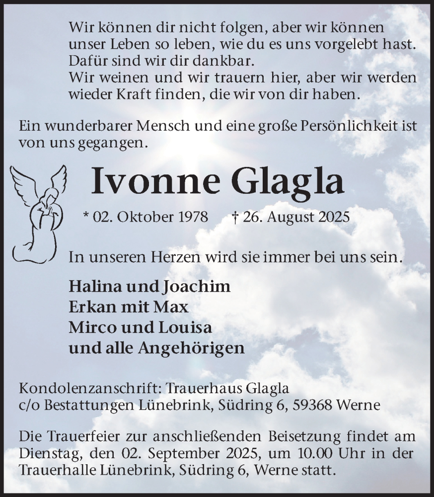  Traueranzeige für Ivonne Glagla vom 30.08.2025 aus Ruhr Nachrichten