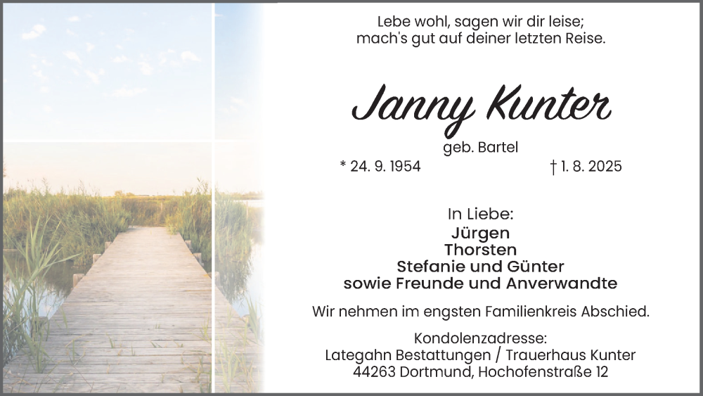  Traueranzeige für Janny Kunter vom 09.08.2025 aus Ruhr Nachrichten