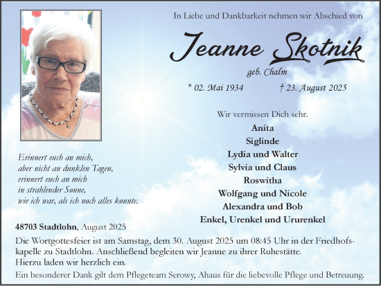 Traueranzeige von Jeanne Skotnik von Münsterland Zeitung