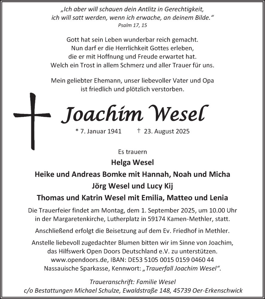  Traueranzeige für Joachim Wesel vom 27.08.2025 aus Hellweger Anzeiger