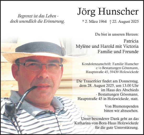 Traueranzeige von Jörg Hunscher von Hellweger Anzeiger