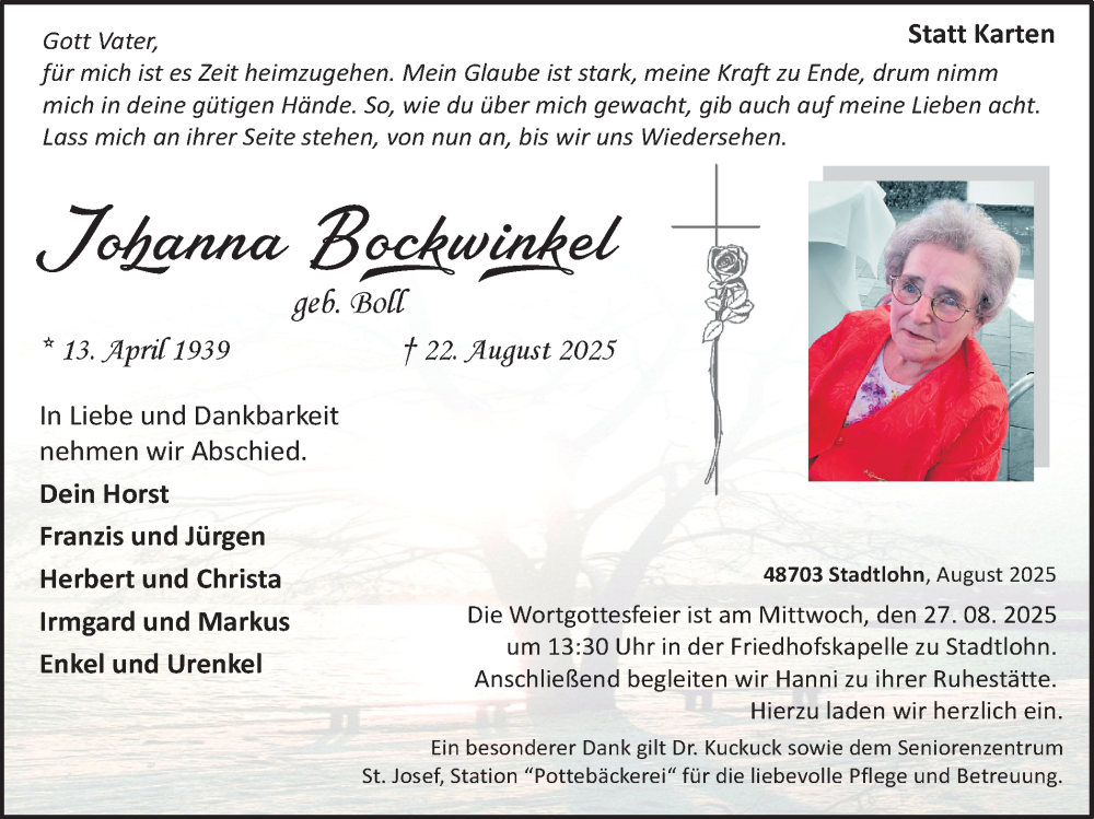  Traueranzeige für Johanna Bockwinkel vom 26.08.2025 aus Münsterland Zeitung