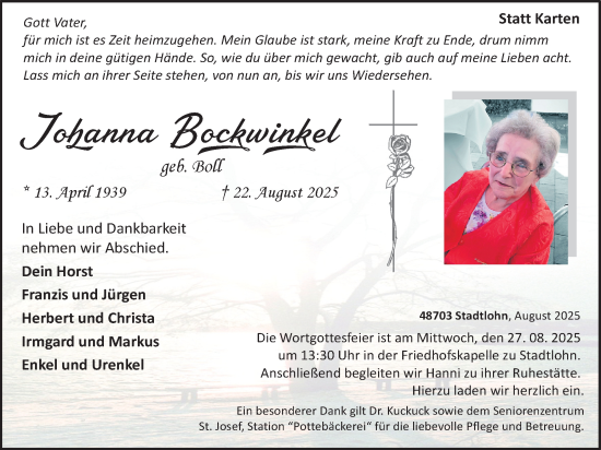 Traueranzeige von Johanna Bockwinkel von Münsterland Zeitung