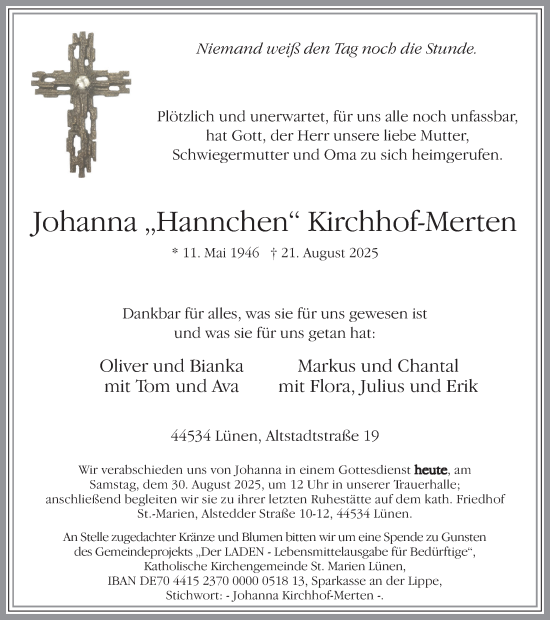Traueranzeige von Johanna Kirchhof-Merten von Lüner Anzeiger