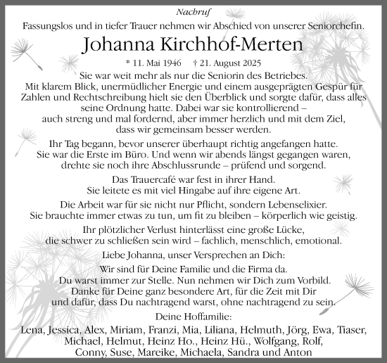 Traueranzeige von Johanna Kirchhof-Merten von Lüner Anzeiger