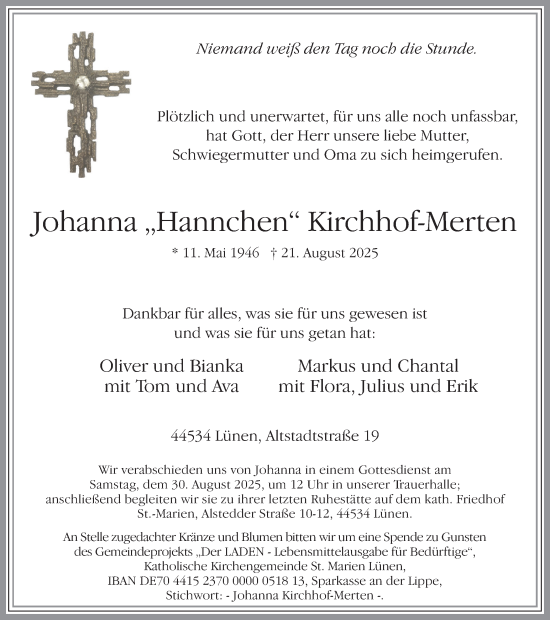 Traueranzeige von Johanna Kirchhof-Merten von Ruhr Nachrichten