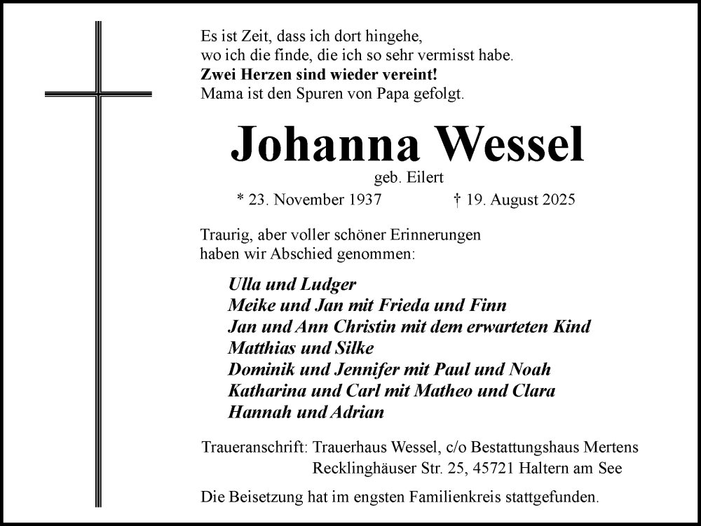  Traueranzeige für Johanna Wessel vom 30.08.2025 aus Ruhr Nachrichten und Halterner Zeitung