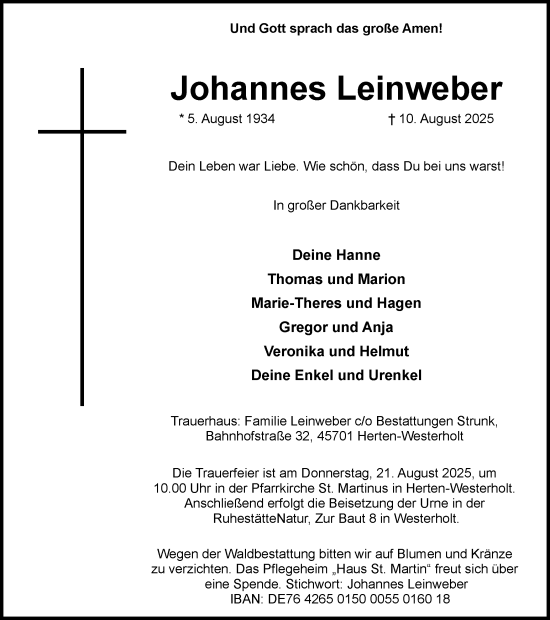 Traueranzeige von Johannes Leinweber von Trauer Vest